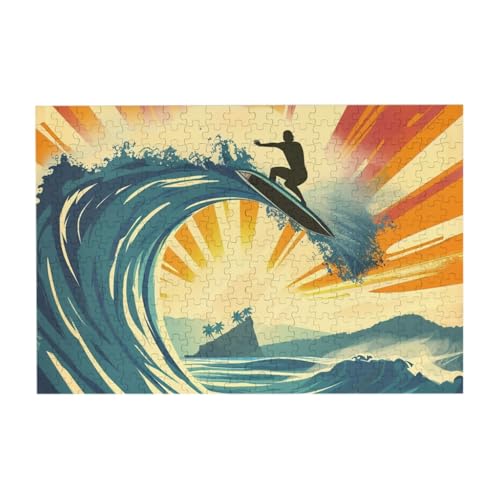 Wave and Surfer at Sunset Seascape 300 Pcs Wooden Jigsaw Puzzles, Challenge Puzzle Creative Gift for Teens and Adults von CFAN