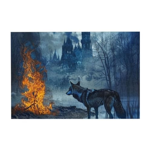 Wolf stehend vor Feuer und Schloss, 300 Teile Puzzle für Kinder, Familie herausfordernde Puzzle-Spiele Puzzle als Wandkunst Dekor von CFAN