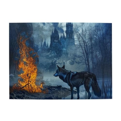 Wolf stehend vor Feuer und Schloss, 500 Teile Puzzle für Erwachsene und Kinder, stabile Teile, herausforderndes Familienspiel, tolle Geschenkidee von CFAN