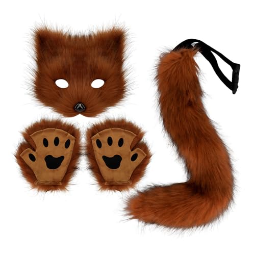 CFITANK Fuchskostüm Cosplay Kostüm Halloween Kostüm mit Pelzschwanz, Maske und Handschuhen 3 Sets Pelzmaske Therian Pfoten Kostüm Party Fantasie Spielzeug Geschenk (B) von CFITANK