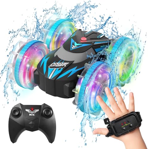 CGSGDK Strand Amphibienfahrzeug Ferngesteuertes Auto, 2,4GHz 4WD 360° Drehbares RC Auto mit LED Lichtern, Ferngesteuertes Boot mit Handsteuerung, Geschenk Spielzeug für Kinder 6,7,8+ Jahre Jahre von CGSGDK