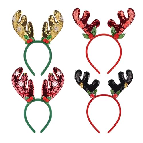 CGVG 4 Stücke Weihnachten Haarreifen mit Glitzereffekt Rentier Kopfschmuck Reindeer Stirnbänder Weihnachten Hirschgeweih Haarschmuck Blinkende Geweih Haarbänder Weihnachten Kostüm Weihnachtsdeko Party von CGVG