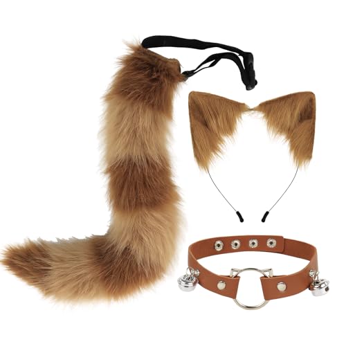 CGVG Katzenkostüm 3 Stück Katzen Kostüm Katzenohren Haarreif Halsband Katzenschwanz Halloween Katzenkostüm für Erwachsener Damen Frauen Tierkostüm für Halloween Cosplay Party (Braun) von CGVG