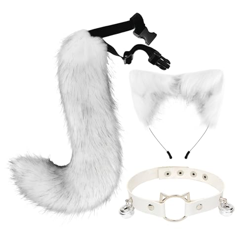 CGVG Katzenkostüm 3 Stück Katzen Kostüm Katzenohren Haarreif Halsband Katzenschwanz Halloween Katzenkostüm für Erwachsener Damen Frauen Tierkostüm für Halloween Cosplay Party (Fuchs Weiß) von CGVG