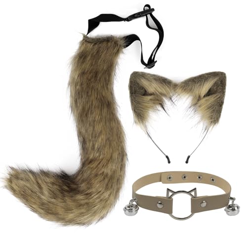 CGVG Katzenkostüm 3 Stück Katzen Kostüm Katzenohren Haarreif Halsband Katzenschwanz Halloween Katzenkostüm für Erwachsener Damen Frauen Tierkostüm für Halloween Cosplay Party (Gras Gelb) von CGVG