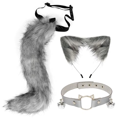 CGVG Katzenkostüm 3 Stück Katzen Kostüm Katzenohren Haarreif Halsband Katzenschwanz Halloween Katzenkostüm für Erwachsener Damen Frauen Tierkostüm für Halloween Cosplay Party (Grau) von CGVG