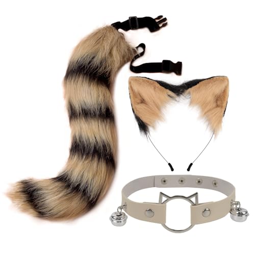 CGVG Katzenkostüm 3 Stück Katzen Kostüm Katzenohren Haarreif Halsband Katzenschwanz Halloween Katzenkostüm für Erwachsener Damen Frauen Tierkostüm für Halloween Cosplay Party (Khaki & Schwarz) von CGVG