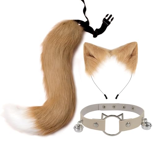 CGVG Katzenkostüm 3 Stück Katzen Kostüm Katzenohren Haarreif Halsband Katzenschwanz Halloween Katzenkostüm für Erwachsener Damen Frauen Tierkostüm für Halloween Cosplay Party (Khaki & Weiß) von CGVG