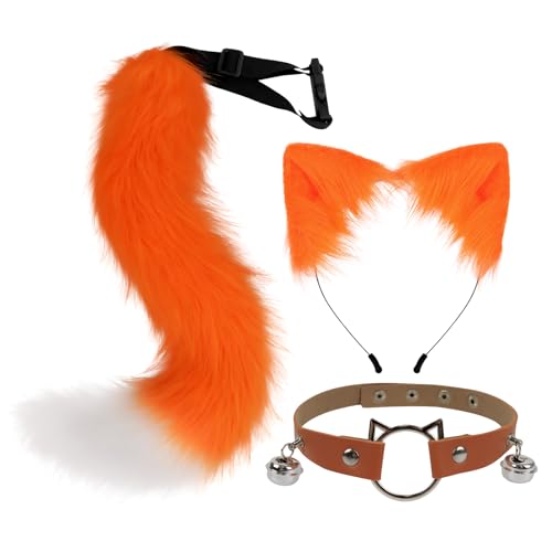 CGVG Katzenkostüm 3 Stück Katzen Kostüm Katzenohren Haarreif Halsband Katzenschwanz Halloween Katzenkostüm für Erwachsener Damen Frauen Tierkostüm für Halloween Cosplay Party (Orange & Weiß) von CGVG