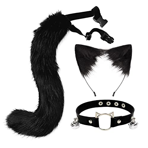 CGVG Katzenkostüm 3 Stück Katzen Kostüm Katzenohren Haarreif Halsband Katzenschwanz Halloween Katzenkostüm für Erwachsene Damen Tierkostüm für Halloween Cosplay Party (Schwarz) von CGVG