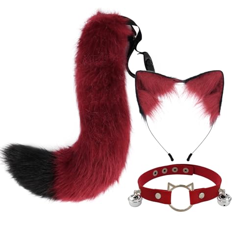 CGVG Katzenkostüm 3 Stück Katzen Kostüm Katzenohren Haarreif Halsband Katzenschwanz Halloween Katzenkostüm für Erwachsener Damen Frauen Tierkostüm für Halloween Cosplay Party (Weinrot & Schwarz) von CGVG