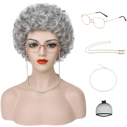 CGVG Oma Kostüm Set Old Lady Großmutter Cosplay Zubehör Oma Perücke Brille Brillenketten Perlenkette Perückenkappe Rentner Kostüm Granny Wig für Kostümparty Halloween Karneval Fasching Cospaly von CGVG