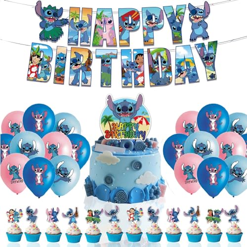 Luftballons Geburtstag, Sttitch Geburtstagsdekorationsset, Latexballons, Happy Birthday-Banner und Cupcake-Dekorationen, Dekorationszubehör für Kindergeburtstage von CGYADSY