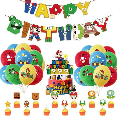 Luftballons Geburtstag, Super Marioo Geburtstagsdekorationsset, Latexballons, Happy Birthday-Banner und Cupcake-Dekorationen, Dekorationszubehör für Kindergeburtstage von CGYADSY