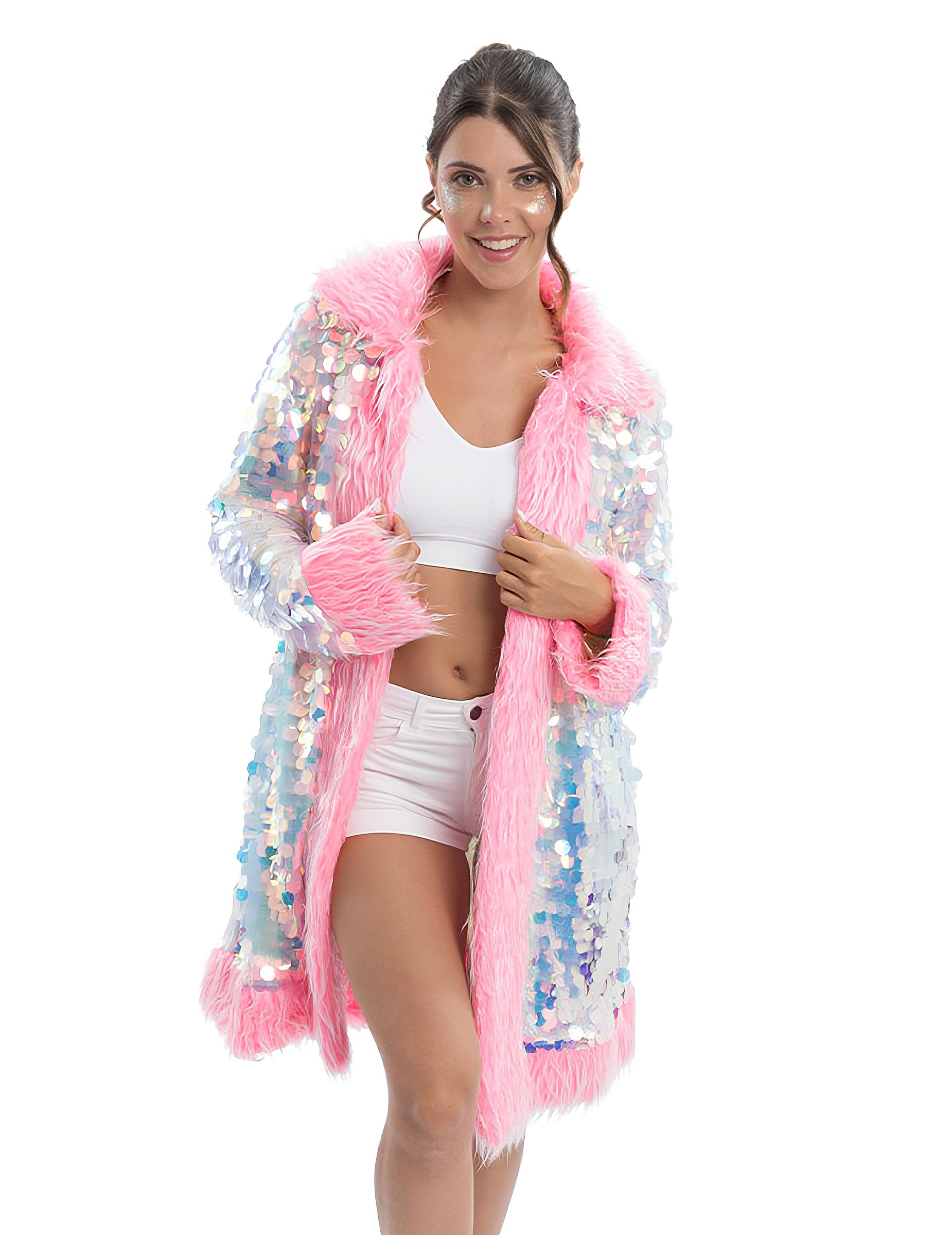 Wendbarer Paillettenmantel mit Kunstfell pink für Erwachsene Wendbarer Paillettenmantel mit Kunstfell pink für Erwachsene von CHAKS