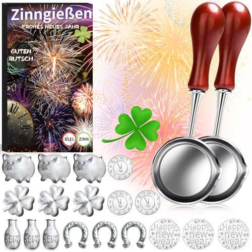 20 Teiliges Zinngießen Set, mit 18 Stück Zinngießen und 2 Löffeln für Silvester Wahrsagerei, Zinn Giessen, Gesunde Alternative zum Bleigießen für Partyspiel Silvester Geschenke Neujahrsgeschenke von CHALLEY-YOKI