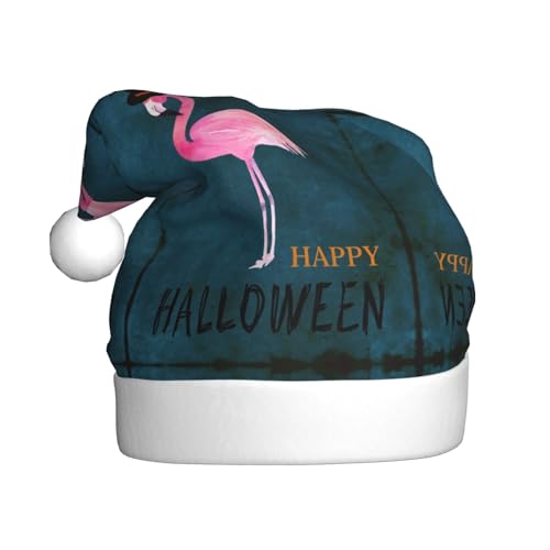 CHANGLEI Halloween-Flamingo-Hexenhut, Weihnachtsmütze für Erwachsene, bedruckt, bequem, klassisch, Plüsch, Weihnachtsmannmütze für Weihnachten, festliche Party von CHANGLEI