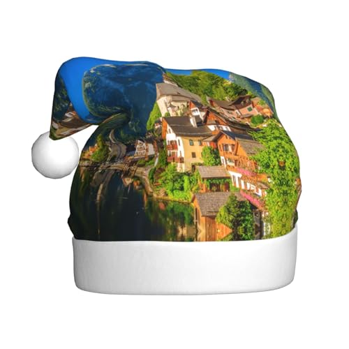 CHANGLEI Village Scenic Weihnachtsmütze für Erwachsene, bedruckt, bequem, klassisch, Plüsch, Weihnachtsmannmütze für Weihnachten, festliche Party von CHANGLEI