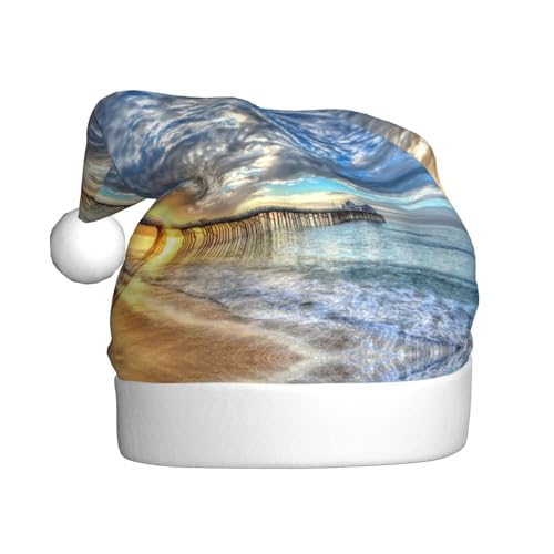 CHANGLEI Weihnachtsmütze für Erwachsene, Motiv: Strand, Meer, Brücke, Wolken, Sonnenuntergang, bedruckt, bequem, klassisch, Plüsch, Weihnachtsmannmütze für Weihnachten, festliche Party von CHANGLEI