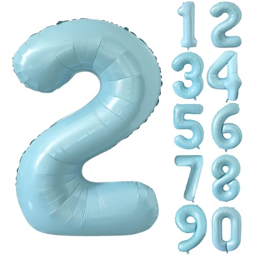 Folienballon Zahl 2 Matt Blau 40 Zoll Mylar Helium Ballon für Geburtstag Party Dekorationen Hellblau 2 Luftballons Mädchen Jungen Babyparty Hochzeitstag Supplies (Nummer 2) von CHANGZHONG