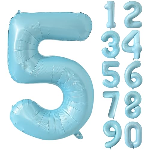 Folienballon Zahl 5 Matt Blau 101.6 cm Mylar Helium Ballon für Geburtstagsfeier Dekorationen Hellblau 5 Luftballons Mädchen Jungen Babyparty Hochzeitstag Supplies (Nummer 5) von CHANGZHONG