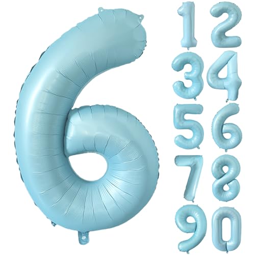 Folienballon Zahl 6 Matt Blau 101.6 cm Mylar Helium Ballon für Geburtstag Party Dekorationen Hellblau 6 Luftballons Mädchen Jungen Babyparty Hochzeitstag Supplies (Nummer 6) von CHANGZHONG