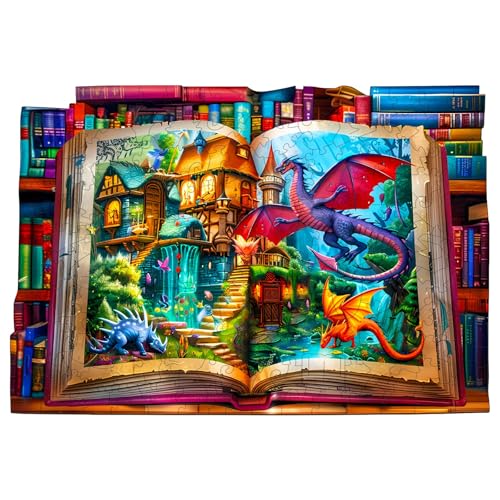 Holzpuzzle Erwachsene, 240 Teile Fantasy Welt Bücher Holz Puzzle Erwachsene, 34x23.3cm Wooden Puzzle, Unregelmäßige Einzigartige Puzzle, Holzpuzzle Tierform, Holz Puzzle Mit Box Aus Holz von CHARMIBLE