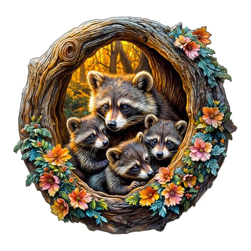 Holzpuzzle Erwachsene, 290 Teile Waschbären Familie Holz Puzzle Erwachsene, 34x33cm Wood Puzzles, Unregelmäßige Einzigartige Puzzle, Holzpuzzle Tierform, Holz Puzzles Mit Box Aus Holz von CHARMIBLE