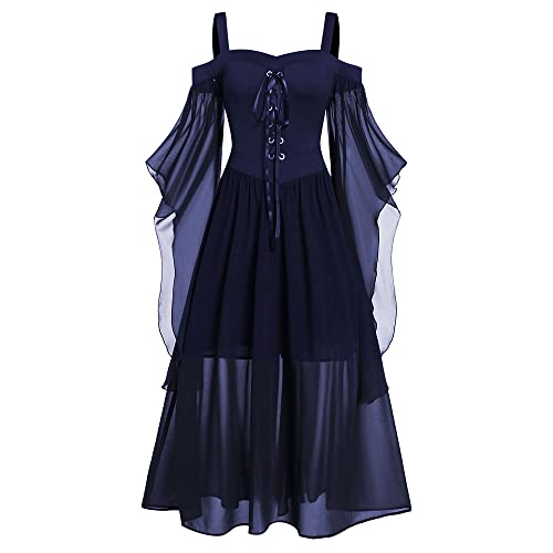 CHARMMA Gothic Halloween Kleid Kostüm Damen,Übergröße A-Linie Schnüren Maxi Kleider mit Schmetterlingsärmeln für Frauen,Festliches Vintage Schwarz Hexenkleid Cosplay Club Party Dress (Blau, 3XL) von CHARMMA