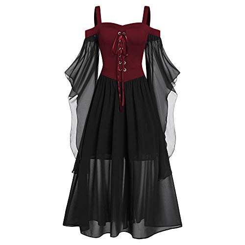 CHARMMA Gothic Halloween Kleid Kostüm Damen,Übergröße A-Linie Schnüren Maxi Kleider mit Schmetterlingsärmeln für Frauen,Festliches Vintage Schwarz Hexenkleid Cosplay Club Party Dress (Rot, 4XL) von CHARMMA