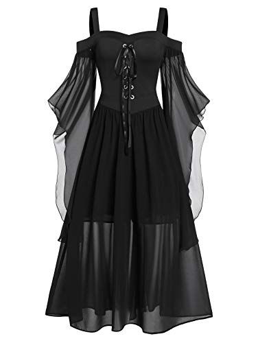 CHARMMA Gothic Halloween Kleid Kostüm Damen,Übergröße A-Linie Schnüren Maxi Kleider mit Schmetterlingsärmeln für Frauen,Festliches Vintage Schwarz Hexenkleid Cosplay Club Party Dress (Schwarz, XL) von CHARMMA