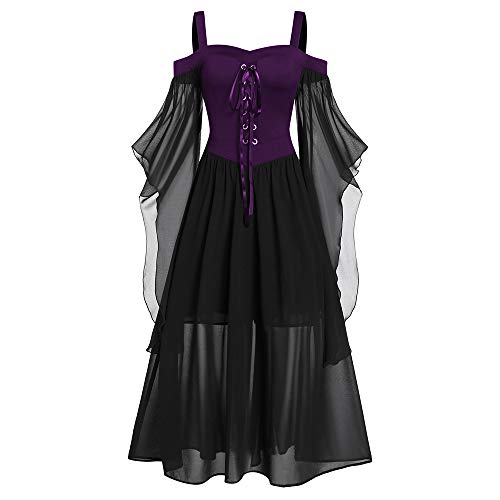 CHARMMA Gothic Halloween Kleid Kostüm Damen,Übergröße A-Linie Schnüren Maxi Kleider mit Schmetterlingsärmeln für Frauen,Festliches Vintage Schwarz Hexenkleid Cosplay Club Party Dress (Violett, L) von CHARMMA