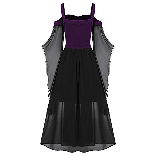 CHARMMA Gothic Halloween Kleid Kostüm Damen,Übergröße A-Linie Schnüren Maxi Kleider mit Schmetterlingsärmeln für Frauen,Festliches Vintage Schwarz Hexenkleid Cosplay Club Party Dress (Violett, L) von CHARMMA