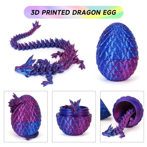 3D-gedrucktes Drachenei mit einem voll beweglichen Kristalldrachen, 13 cm Ei + 30 cm Drache flexiblen Gelenken – ideal als Heim- und Bürodekoration oder Schreibtischspielzeug (Strahlendes Violett) von CHARMMYFASHION