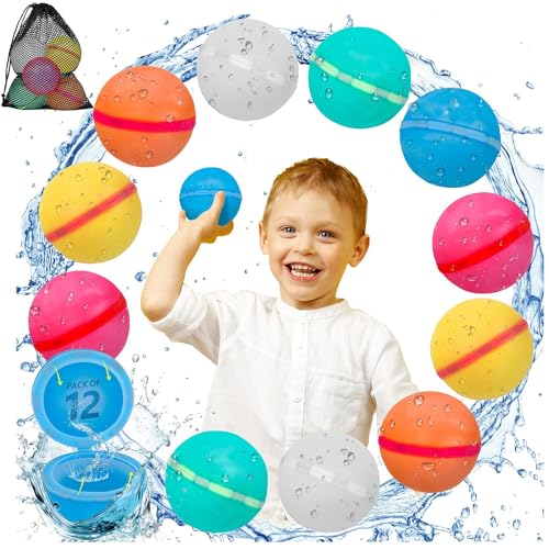 Wasserbomben Wiederverwendbar, 12 Stück Magnetische Wasserbomben Selbstschließend, Schnelle Wasserbefüllung Silikon Wasserball, Wasserspielzeug Kinder Outdoor Pool Spielzeug Wasserballons von CHAWONER