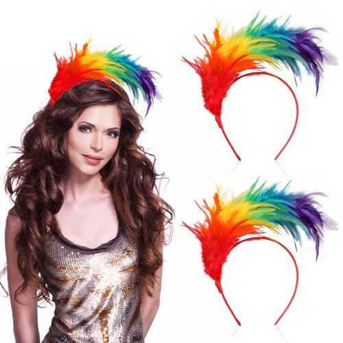 CHCAES 2 Stück Feder Stirnband Bunte Regenbogen Feder Stirnband Feder Stirnband Haarschmuck für Karneval Halloween Ostertag Cosplay Party von CHCAES