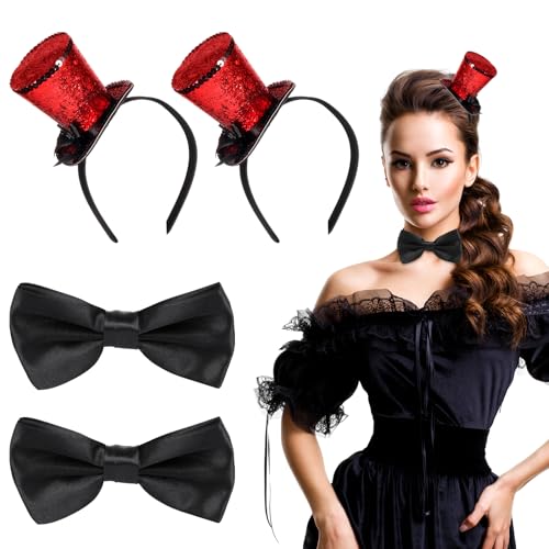 CHCAES 4 Stück Mini Zylinder Hut mit Haarreif Rot Mini Top Hut Zirkusdirektor Fliege Schwarz für Karneval Party Kopfschmuck Accessoires von CHCAES