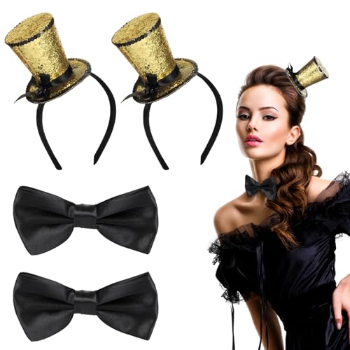 CHCAES 4 Stücke Haarreif Mini Hut Zylinder Set Enthalten 2 Stücke Gold Mini Top Hut und 2 Stücke Schwarz Fliege für Karneval Abschlussball Party Hochzeit Accessoire Kopfschmuck von CHCAES