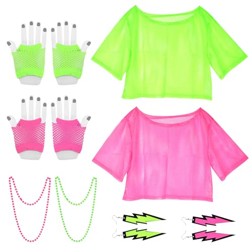 CHCAES 80er 90er Jahre Outfit Netzoberteil Damen 80 Jahre Kostüm Zubehör Set 80er Jahre Accessoires Neon Netzshirt Ohrring Netzhandschuhe Halskette für Neon Retro Party Karneval von CHCAES