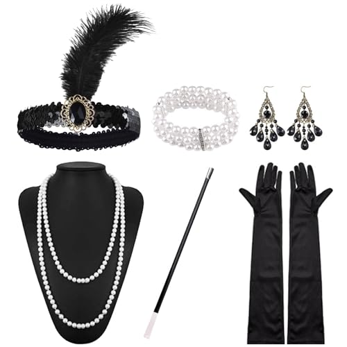 CHENKEE 20er Jahre Accessoires, 6 Teiliges 1920er Jahre Zubehör Set Damen Great Gatsby Accessoires Inklusive Stirnband Halskette Handschuhe Ohrringe Kunstperlenarmband Gatsby Handheld-Requisiten Set von CHENKEE