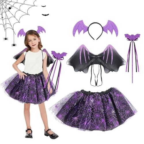 CHENKEE Fledermaus Kostüm Mädchen, 4 Stück Halloween Fledermaus Kostüm, Fledermaus Kostüm Kinder Set mit Tutu, Flügel, Stab und Haarband für Halloween Karneval Cosplay Party von CHENKEE