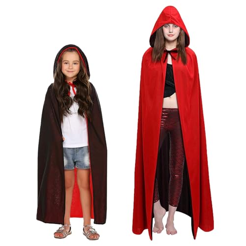 CHENKEE Vampir Cape, 2 Stück Halloween Mäntel Vampir Umhang Vampir Kostüme Kapuzenumhang Schwarz Rot Doppelseitig für Erwachsener und Kinder(90CM, 140CM) von CHENKEE