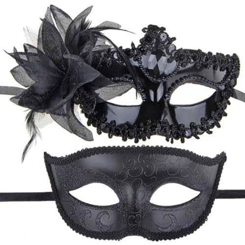 CHENKEE Venezianischen Masquerade Maske, 2 Stück Maskerade Maske Damen Herren Venezianischen Maske Maskenball Maske für Halloween Karneval Party Kostüm(Schwarz) von CHENKEE