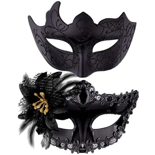 CHENKEE Venezianischen Masquerade Maske, 2 Stück Maskerade Maske Damen Herren Venezianischen Maske Maskenball Maske für Halloween Karneval Party Kostüm(Schwarz) von CHENKEE