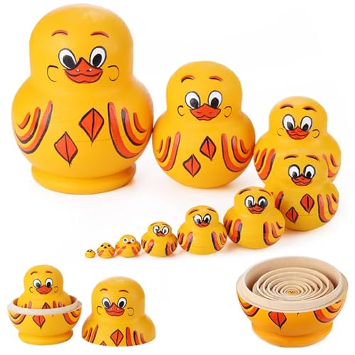 10 Stück Duck Nested Doll, Russische Matroschka Puppen, Handgefertigte Gelbe Enten Matroschka Puppen, Russische Stapelpuppen aus Holz, Niedlich Ente Matroschka Pädagogisches Lernspielzeug Für Kinder von CHENRI