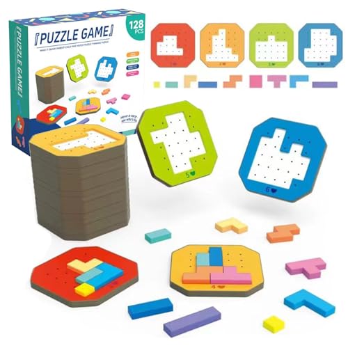 128 Teile Colorful Block Jigsaw Puzzle Game, 3D Russischer Block Spielzeug, Form Puzzlespiel Montessori Puzzle, Holzpuzzles Geometrische Puzzle Gehirn Logik Pädagogisches Brettspiel für Kinder von CHENRI