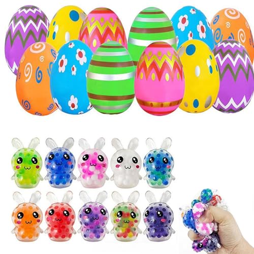 24 Pack Prefilled Easter Eggs with Squeeze Ball Toys, Gefüllte Ostereier mit Stressball Spielzeug, Ostereier für Osternkorb Stuffers Füllstoffe, Osterhase Quetsch Spielzeug Geschenk für Kinder von CHENRI