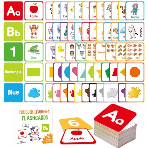 Alphabet Flash Cards Learn Letter Flash Cards, Alphabet Lernkarten, 60 doppelseitige Lernkarten Lernen Flash Karten, Alphabet-Memoryspiel, Farben, Formen und Zahlen Lernkarten für Kinder (A, 1) von CHENRI