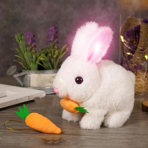 Bunny - Mein realistisches Kaninchenspielzeug, Kaninchen Spielzeug für Kinder, Hüpfendes Kaninchen, Karotte, springend, leuchtend, schüttelnde Ohren, Osterhase Plüschtier Geschenke für Kinder (Weiß) von CHENRI