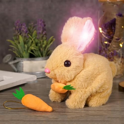 Bunny - Mein realistisches Kaninchenspielzeug, Kaninchen Spielzeug für Kinder, Hüpfendes Kaninchen, Karotte, springend, leuchtend, schüttelnde Ohren, Osterhase Plüschtier Geschenke für Kinder (Gelb) von CHENRI